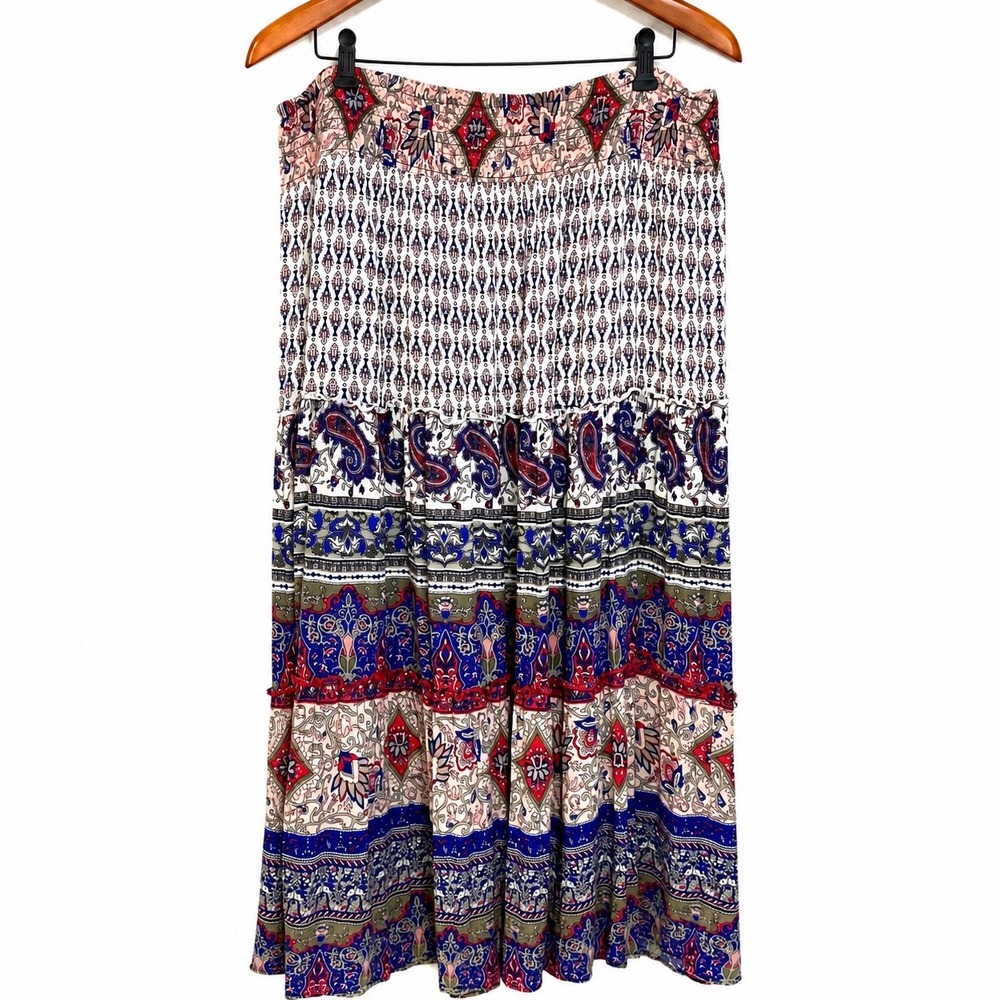 Westport Womens XL Paisley Boho Tiered Maxi Skirt Smocked Waist Multi-Color